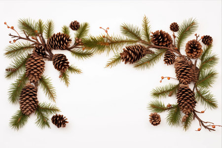 Festive Christmas Garland: Adorned with Fir Branches, Cones, and Pine Branches - A Captivating Postcard Design with Abundant Copy Spaceの素材