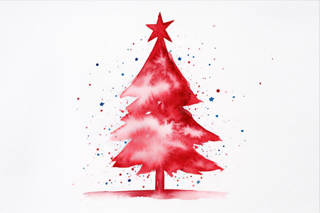 Brushstrokes of Christmas: A Festive Tree with a Red Star on White Isolationの素材