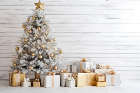 Festive Delight: A Stunning Christmas Tree Crafted from Gift Boxes Adorning a White Wooden Backdropの素材