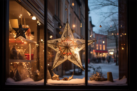 Festive Glowing Christmas Star Adorns Window in Nacka, Stockholm, Swedenの素材