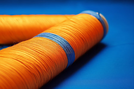 Vibrant Contrasts: Exquisite Blue Thread Close-Up on Lively Orange Background for Needlework and Sewing Enthusiasts - AR 3:2の素材