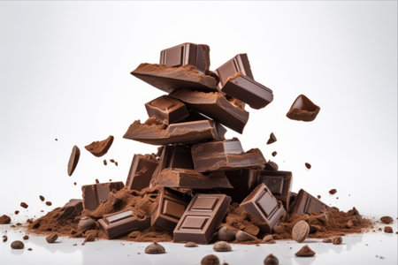 Falling Chocolate Pieces: A Close-up on a White Backgroundの素材
