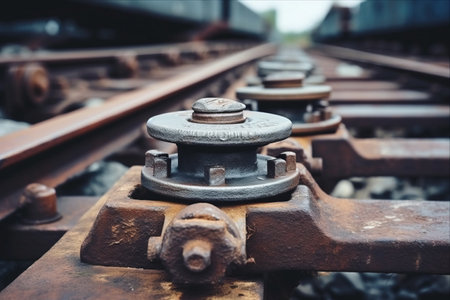 Rustic Charm: Vintage Iron Nuts Fastened to Railway Tracks in a Close-Up View at Train Stationの素材