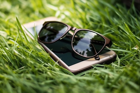 Business Concept: Captivating Close-Up of Sunglasses and Smartphone on Lush Green Grassの素材