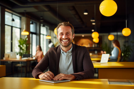 Thriving in a Collaborative Atmosphere: Empowered and Joyful Businessman in Coworking Officeの素材