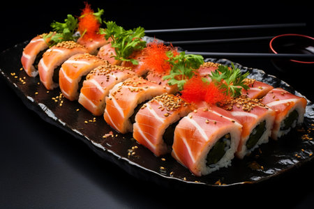 Exquisite Grilled Sushi Fusion: Salmon, Tuna, and Eel Delights on a Chic Black Canvas --AR 3:2の素材