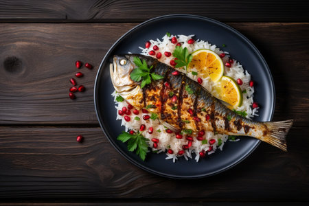 Citrus-infused Grilled Whole Fish: A Vibrant Delight on a Bed of Riceの素材