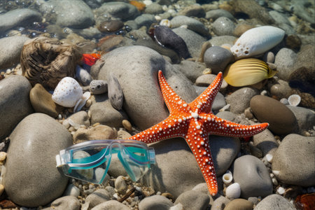 Serene Snorkeling Scenes: Set of Snorkeling Gear Amidst Starfish on Beach Rocks - AR 3:2の素材