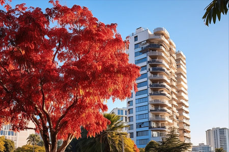 Captivating Contrast: American Sweetgum Tree's Red Leaves Stand Out Amidst Sochi's Urban Landscapeの素材