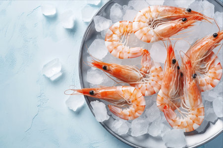 Ice-Cold Delight: Savoring the Freshness of Top-View Shrimps on a Light Backgroundの素材