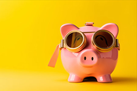 Pink Piggy Bank Splashing into Savings with Diving Mask and Snorkel on Sunny Yellow Backgroundの素材