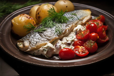 Gourmet Delight: A Close-Up of Herring with Baked Potato and Tomatoes under Artistic Filter (3:2 Aspect Ratio)の素材