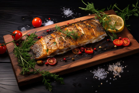 Succulent Oven-Baked Marinated Sea Bass: A Tempting Delight Served with Exquisite Garnish on a Rustic Wooden Platter | AI-Generated Dish Presentation in 3:2 Aspect Ratioの素材