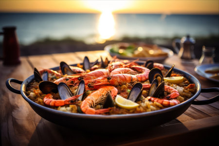 Exquisite Seafood Paella: A Scrumptious Delight at a Seaside Dining Havenの素材