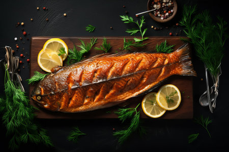 Savory Smoked Fish Delicacy Captured in a Captivating Top View - A Visual Treat on a Dark Background!の素材