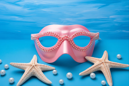 Underwater Fantasy: A Pink Swimming Mask, Seashell, and Starfish in a Captivating Blue Seascape - AR 3:2の素材