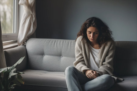 Reflective Moments: Contemplation of Life's Depths with a Depressed Woman on a Sofaの素材