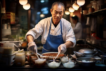 Mysterious Chef Crafting Delectable Bowls of Food in Tokyo's Bustling Fish Marketの素材