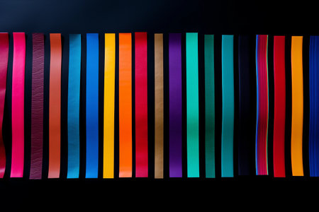 Vibrant Adhesive Paper Tape Strips: Top View on Black Backgroundの素材