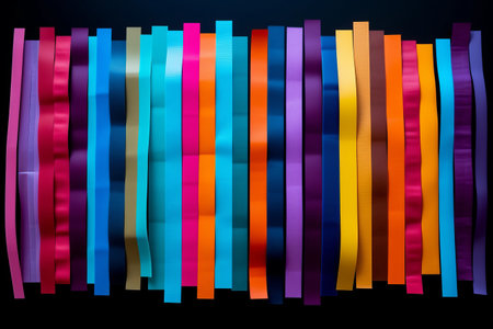 Vibrant Adhesive Paper Tape Strips: Captivating Colors on a Sleek Black Backgroundの素材