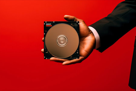 Unveiling Vital Data: A Business Hand Clutching a Hard Disk against a Striking Red Background - AR 3:2の素材