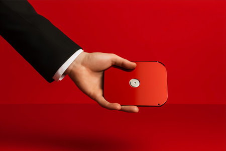 The Vitality of Data: Safeguarding Important Information on a Red Background with a Business Hand Holding a Hard Diskの素材