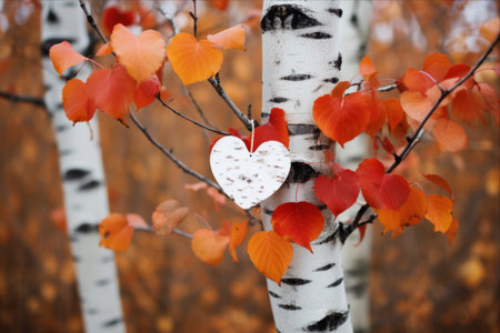 Birch's Autumn Symphony: A Colorful Tapestry of Heart-shaped Leaves and White Barkの素材