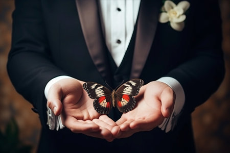 The Elegance of the Bridegroom: A Man in a Suit Perfectly Adjusting the Butterfly at the Weddingの素材
