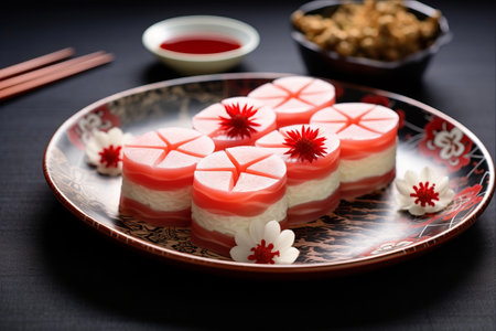 Kamaboko Delight: Traditional Japanese New Year's Dish Adorned with Red and White Slices and Festive Decorの素材