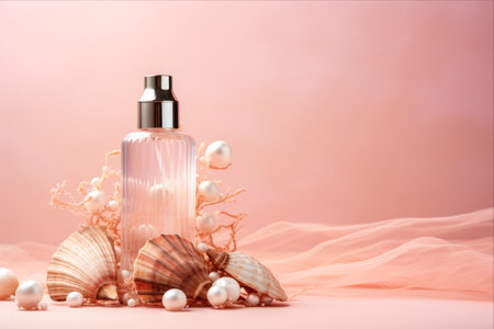 Seashell-adorned Perfume Spray Bottle: A Delicate Touch on Pastel Pink Backgroundの素材