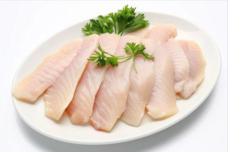 A Delicate Delight: Boiled Pangasius Fish Fillet on a White Canvas --AR 3:2の素材