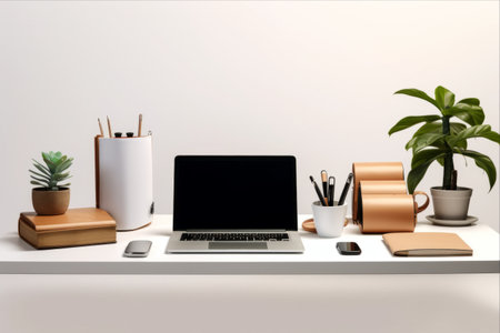 Efficient and Stylish Portable Office Desk: A Creative Mockup with Computer Devices, Supplies, and Decorationsの素材