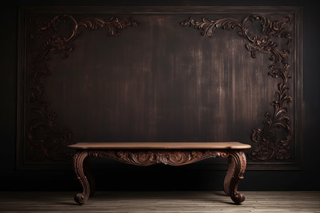 An Aesthetic Blend: Ornamented Dark Brown Wall and Empty Wooden Table- AR 3:2の素材