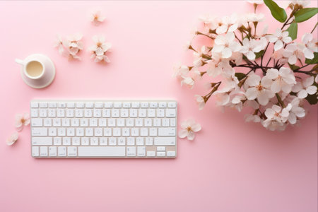 Blooming Productivity: A Spring Inspired Home Office Workspace - Keyboard, Notebook and Cherry Blossoms on a Pink Desk Backgroundの素材