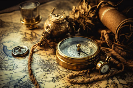 Journey Through Time: A Vintage Map Unveils Secrets with Spyglass, Compass, and Starfishの素材