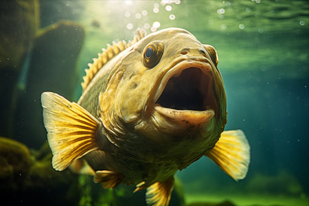 Magnifying the Mysteries: A Close-up Encounter with a Piranha in an Aquarium Amidst a Lush Algae Environmentの素材