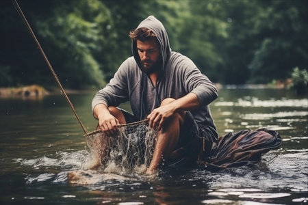 Catching Trout: A Summer Fishing Adventure by the River - AR 3:2の素材