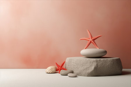 Captivating Presentation: Stack Stones Platform Podium with Starfish and Coral, Against Serene Gray Backgroundの素材