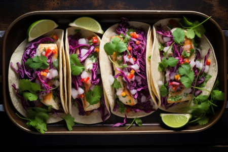 Crispy Delights: Savor Authentic Mexican Fish Tacos Served on a Stylish Metal Tray [AR 3:2]の素材