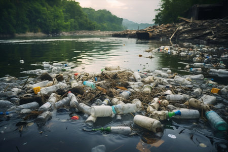 Plastic Pollution in Water: Unveiling the Menace of Dirty Plastic Bottles in a River for a Recycle Eco Conceptの素材