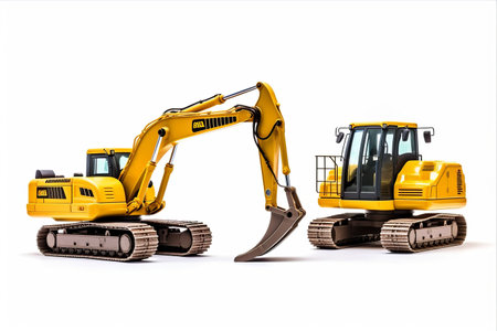 Construction Machinery in Focus: Excavator and Bulldozer Loader on Isolated White Backgroundの素材