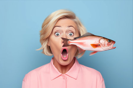 Funny and Comical Gesture: Middle-Age Blonde Woman Making a Hilarious Fish Faceの素材