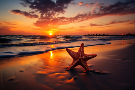 Glowing Silhouettes: Starfish Touched by Sunset on the Beachの素材