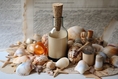 Oceanic Journeys: Discovering Shells and an Enigmatic Message in a Bottle Amidst a Paper Fillerの素材