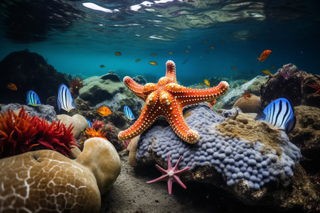 Enchanting Sight: Captivating Colors of Starfish Roaming the Ocean Floor - AR 3:2の素材