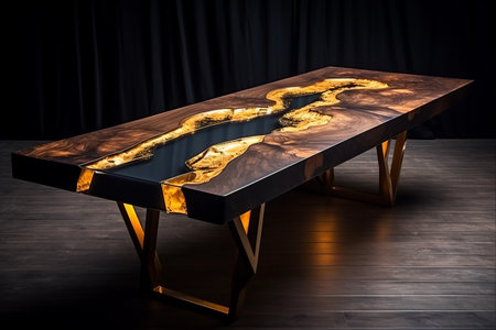 Gorgeous Vintage Furniture: Epoxy Resin, Varnished Table with Luxury Wood Processing and Gold Epoxy River on Dark Backgroundの素材