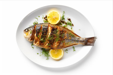 Dorado Delight: Grilled Fish Extravaganza on a Pristine White Plateの素材