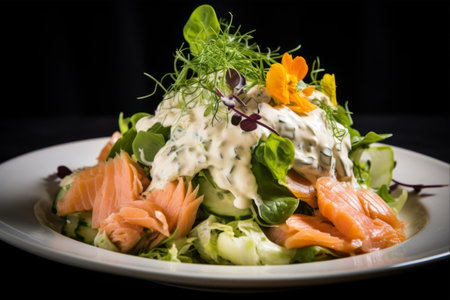 Delectable Mixed Salad: Warm Salmon, Crispy Salted Cucumber with Cream Cheese Cream and Herbsの素材