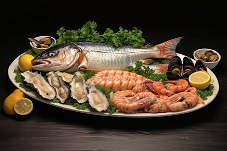 Dive into a Seafood Medley: An Exquisite Blend of Blue Crabs, Mussels, Big Shrimps, Calamari Squids, and Grilled Barracuda Fish, Infused with Garlic and Lemonの素材