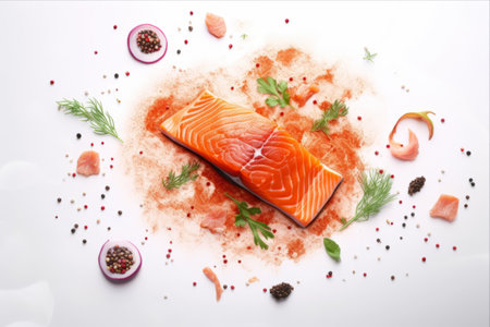 Savor the Delight: Levitating Raw Salmon Fillet and Cooking Ingredients for an Exquisite Culinary Experienceの素材